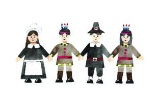 Pilgrims and Native Americans Holding Hands Watercolor for Thanksgiving Branding