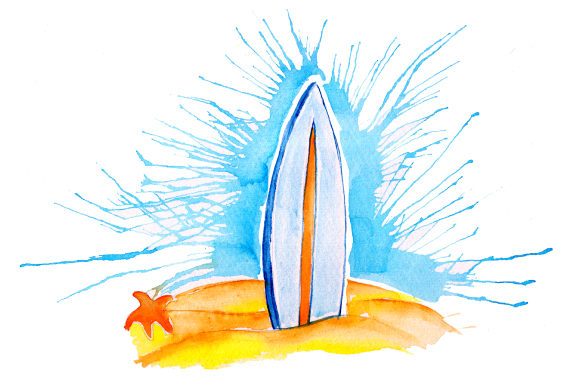 Surfboard in Sand in Paint Splatter Watercolor Style