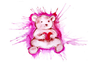 Teddy Bear Holding Heart in Watercolor Splatter Style for Valentine’s Day Campaigns